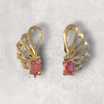 Vintage Clip on Earrings Stud Pink Rhinestone Fan Feather Gold Tone - $8.59