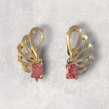 Vintage Clip on Earrings Stud Pink Rhinestone Fan Feather Gold Tone - £6.42 GBP