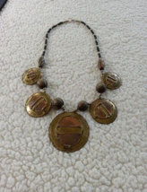 VTG Mixed Metal NECKLACE  Bold Copper Brass And Wood Hand Wrought Modernist - £37.36 GBP