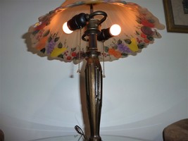 Vintage 22.5&quot; French Boudoir Brass artist signed reverse painted fruit lamp  - £589.75 GBP