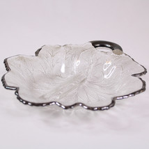 VINTAGE CLEAR GLASS SILVER OVERLAY LEAF SHAPED DISH WITH LOOPED STEM HAN... - $9.75