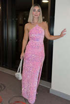 Pink Halter Sequin Straps Mermaid Long Prom Dress,Leg Split Womens Sequin Dresse - £113.50 GBP