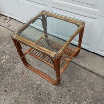 2-Tier Bamboo Rattan Cane Side Table - Glass Top Vintage MCM 2 Available - £137.58 GBP