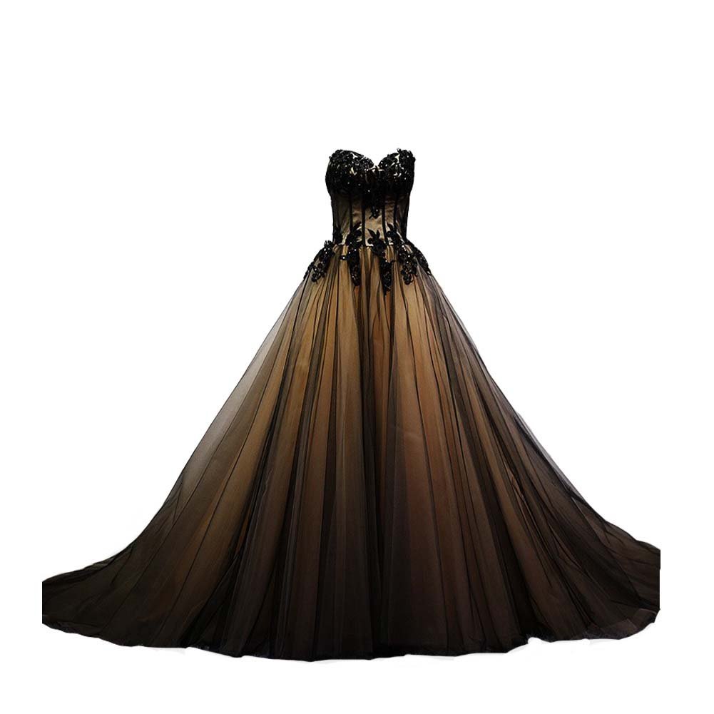Sweetheart Black Tulle Gold Lace Corset Ball Gown Gothic Prom Wedding Dress Long