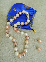 Multi Faceted Ball Pierced Earrings Matching Necklace in Peach Bronze Cream +Bag - £35.43 GBP
