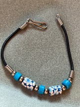 Black Tubular Leather Cord w Turquoise Blue Wood &amp; Polymer Clay Flower B... - $11.29