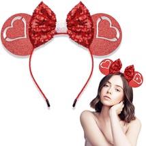 Valentine&#39;s Day Headband for Women Red Love Heart Bow Headband Sequin Mouse Ears - £15.46 GBP