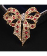 Vintage Nina Ricci Bow Brooch Gold Tone Red &amp; Clear Crystals 2&quot;x2&quot; Signed - $70.00