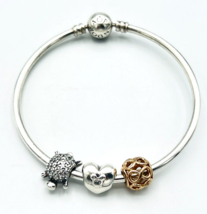 Pandora Moments 925 Sterling Silver Bangle Charm Bracelet with Charms - £51.56 GBP