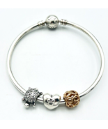 Pandora Moments 925 Sterling Silver Bangle Charm Bracelet with Charms - £50.84 GBP
