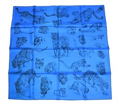 Hermes Scarf Dans l&#39;atelier de Robert Dallet 90 cm silk blue Carre jaguar tiger - £866.74 GBP