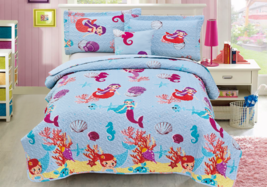 Blue Mermaid 4 Pcs Twin / Full Size Kids Boys Girls Quilt/ Shams/ Cushio... - £35.69 GBP