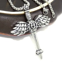 Mens Silver Angel Wing Sword Cross Pendant Necklace Stainless Steel Chain 24&quot; - £10.05 GBP