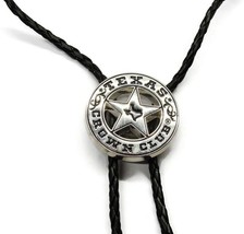 Texas Star Crown Club Black Corded Bolo Neck Tie Buckle Silver Tone - £31.64 GBP