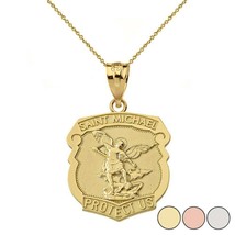10k Solid Yellow Gold Saint Michael Protect Us Shield Pendant Necklace - £180.60 GBP+