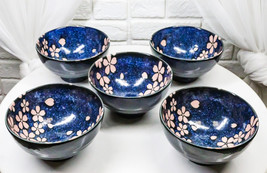 Pack Of 5 Blue Japanese Hasui Sakura Cherry Blossom Ceramic Large Rice B... - $34.99