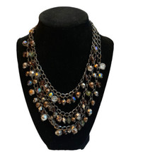 Multi Strand Necklace Silver Tone Dangle Bronze Silver Clear Faceted Beads - £9.38 GBP