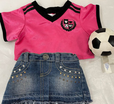 Build A Bear Distressed Denim Skirt and  Pink Soccer Jersey Ball Outfit - £7.46 GBP