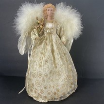 Angel Christmas Tree Topper Victorian 16&quot; Porcelain Head and Hands Real Feathers - £16.01 GBP