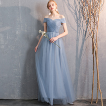 Dusty Blue Bridesmaid Dress Off Shoulder Sweetheart Tulle Empire Dress image 6