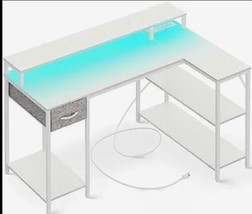 L-Shaped White LED Lights Power Outlets Reversible Computer Desk w/ Shelves - £178.04 GBP