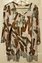 Logo Lounge Brown/Aqua Abstract V Neck Blouse Size Large French Ruffle   - £9.85 GBP
