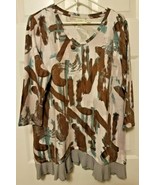 Logo Lounge Brown/Aqua Abstract V Neck Blouse Size Large French Ruffle   - £9.93 GBP