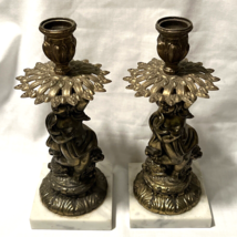 Brass Candle Sticks Holders Cherub White Marble Base 10” - £59.35 GBP