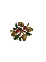 Vintage Christmas Brooch Pin Bow Pinecones Gold Tone Red Green Enamel 1.75&quot; - £11.68 GBP