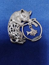 925 Sterling Silver Jezlaine Signed Cat Kitty Fish Bowl Pin Free Shipping  - $736.23 MXN