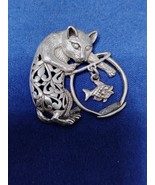 925 Sterling Silver Jezlaine Signed Cat Kitty Fish Bowl Pin Free Shipping  - $56.12 CAD