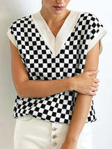 Full Size Checkered V-Neck Cap Sleeve Sweater - $27.00