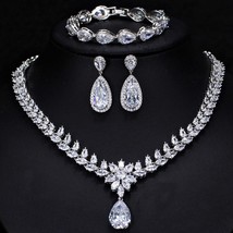 3 Piece Luxury CZ Long Water Drop Wedding Necklace Earrings Bracelet Jewelry Set - £51.75 GBP