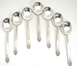 Vintage King Edward Moss Rose Round Soup Spoons Lot of 7 Silverplate 1949 - £14.78 GBP