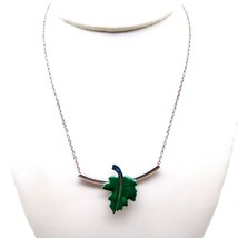 Curved Bar Bib Collar Necklace with Green Enamel Leaf on Silver Tone Vintage - £22.04 GBP