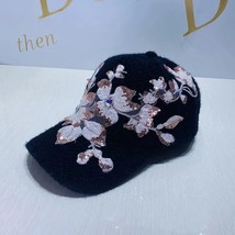 Hat Female Sequined Diamonds Flower Warm Baseball Cap Casual Plush Medium Peaked - £15.64 GBP