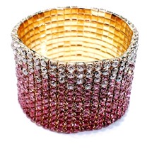 Rhinestone Bracelet Stretch, Pink 12 Row Bracelet, Crystal Pageant Prom Jewelry, - £32.25 GBP