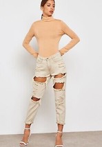 MISSGUIDED High Rise Ripped Mom Jeans in Stone UK 16 Short (MSGD26-15) - £14.73 GBP
