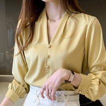 Summer Korean Silk Women Blouses Women V-neck Satin Blouse Woman Long Sleeve Shi - £64.74 GBP