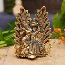 Peacock Design Radha Krishna Idol Showpiece with Diya (8 x 6 Inches), Metal - £23.33 GBP