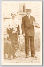 RPPC Couple With Beautiful Chow Chow Dog Man Boaters Cap Cheese Box Postcard D44 - £14.92 GBP