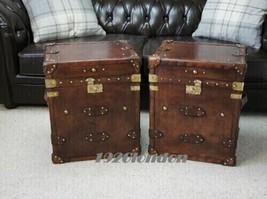 Pair Of Finest English Leather Antique Inspired Side Table Trunks Amazin... - £492.13 GBP