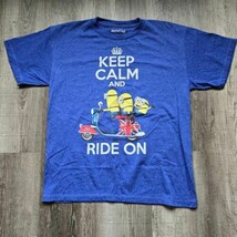 Minions Shirt Keep Calm And Ride On Blue Movie Character Graphic Tee Pop Culture - £10.88 GBP