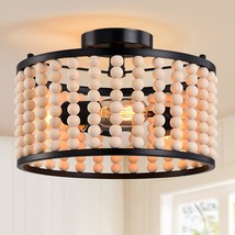 Farmhouse Boho Light Fixture, 3-Light Wood Beaded Chandelier, Black Semi Flush M - £81.52 GBP