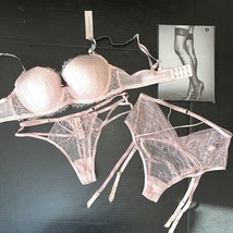 Victoria&#39;s Secret 36C,36D,36DD,36DDD BRA SET+thong+garter panty cutout PINK LACE - £93.42 GBP