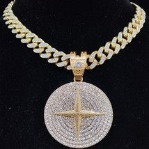Men Women Hip Hop Round Pendant Necklace with 13mm Crystal Cuban Chain Iced Out  - £36.47 GBP