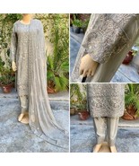 Pakistani Gray 3 Pcs Fancy  Chiffon Dress with embroidery &amp; Squins work,... - £105.17 GBP