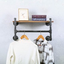 Industrial Pipe Clothing Rack Wall Mounted With Real Wood Shelf,Pipe She... - $101.99