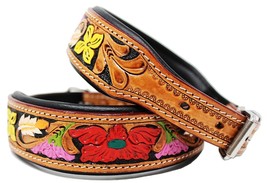 STG Genuine Leather Floral Tooled Handmade Brown Soft Padded Unisex Dog Collar - £37.36 GBP