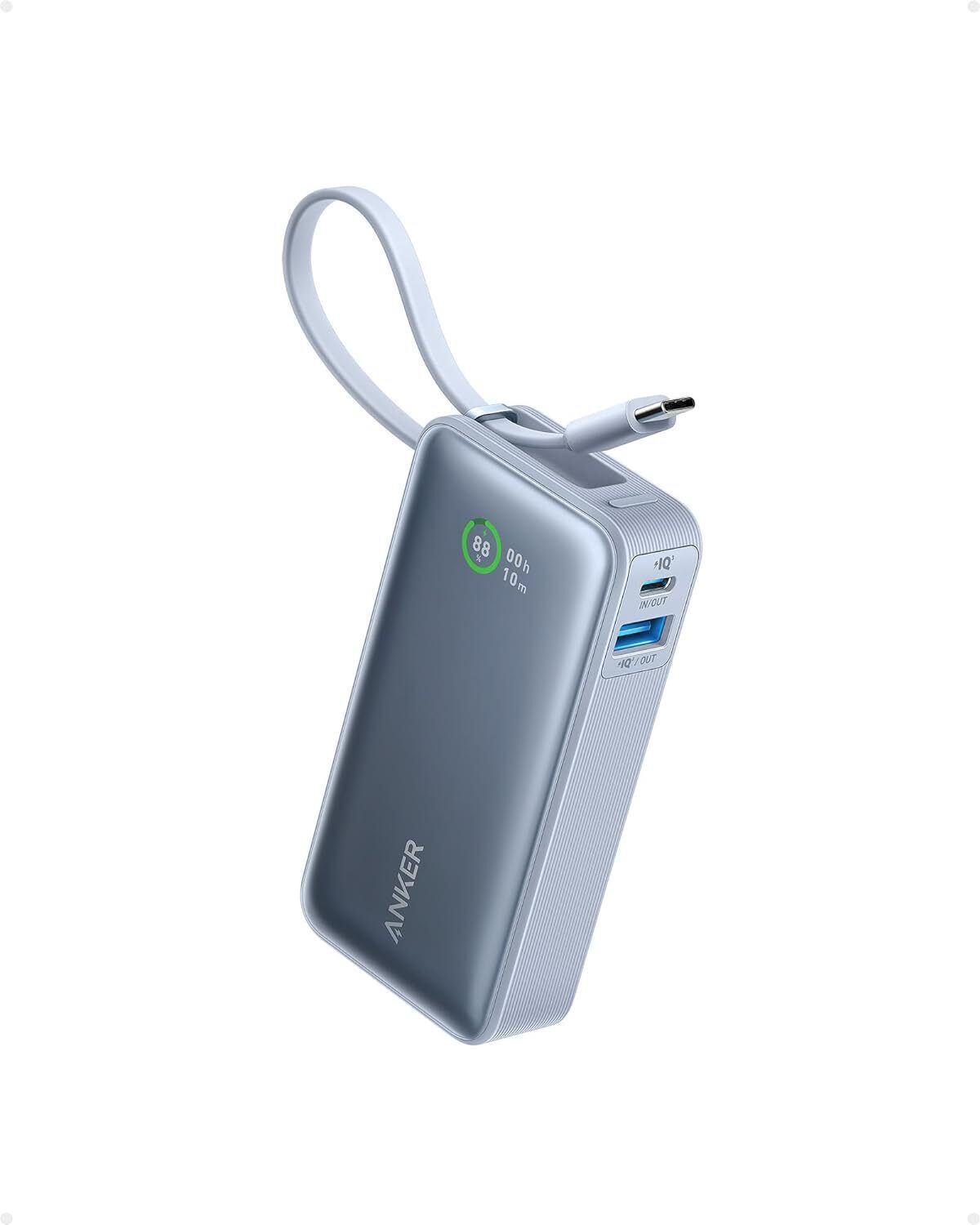 Anker Nano Power Bank Built-in USB-C Cable 10000mAh Portable Charger PD 30W-Blue